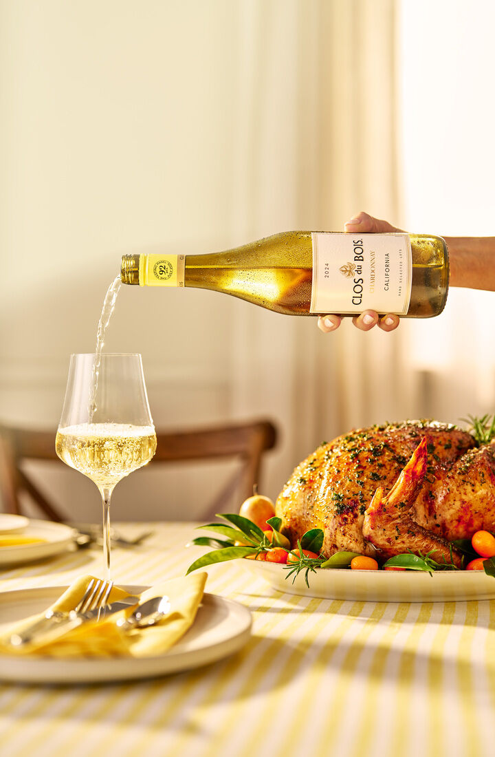 Table Setting with Food and Clos du Bois Chardonnay
